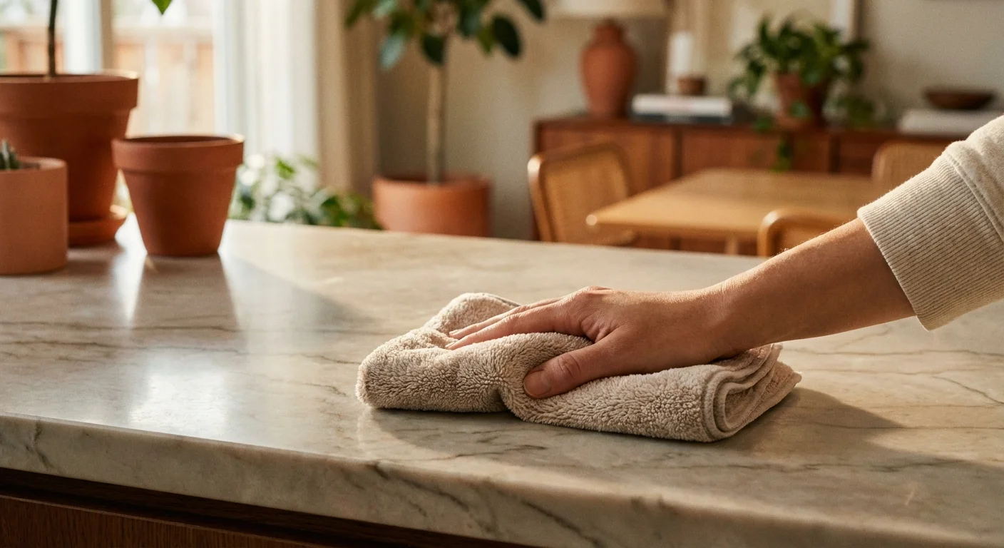 Close-up of hands preparing to clean a surface in a cozy, sunlit home.