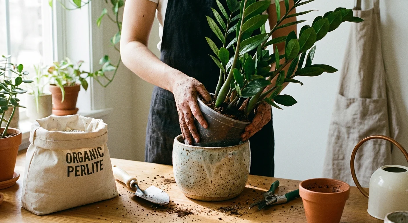 Close-up of hands repotting a green plant into a ceramic pot on a rustic wooden table.