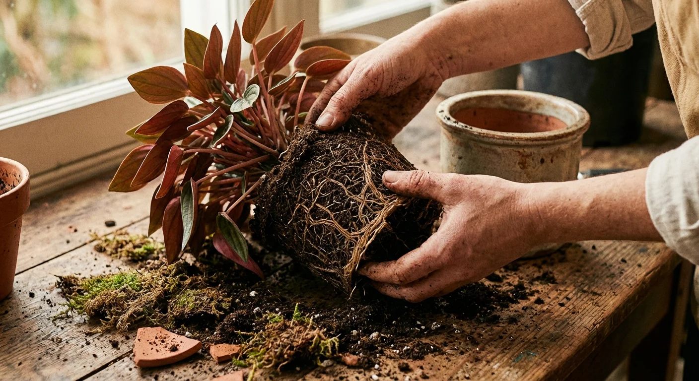 Close-up of hands repotting a Peperomia Rosso into a new ceramic container.