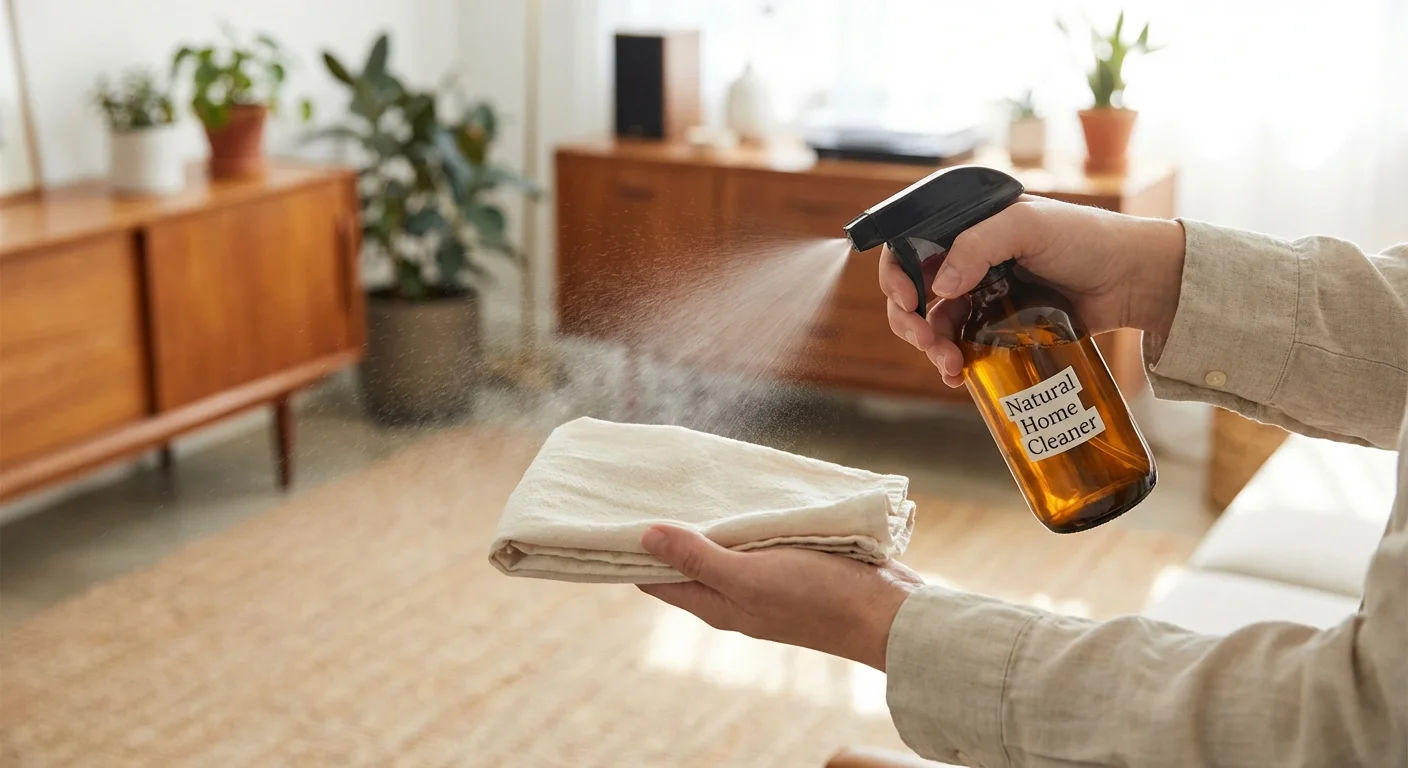Close-up of hands spraying a cleaning cloth to protect furniture and nearby plants.