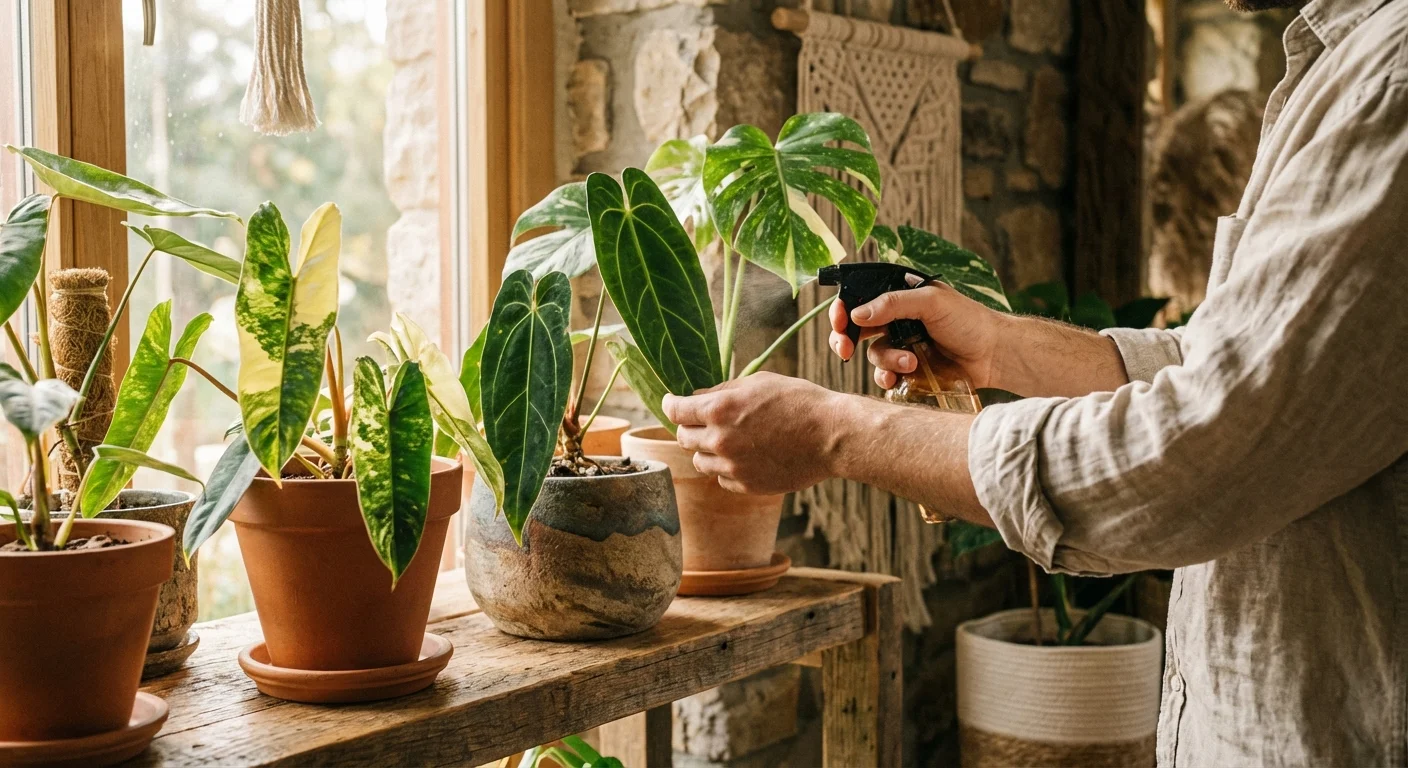 Close-up of hands tending to indoor plants in a bright, modern interior with natural textures.