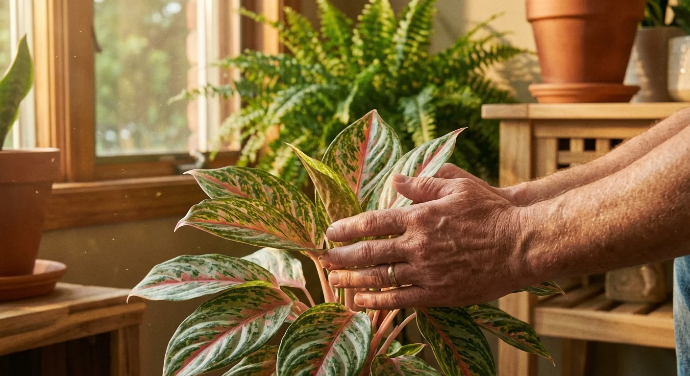 Close-up of hands touching a healthy Chinese Evergreen plant in a bright home.
