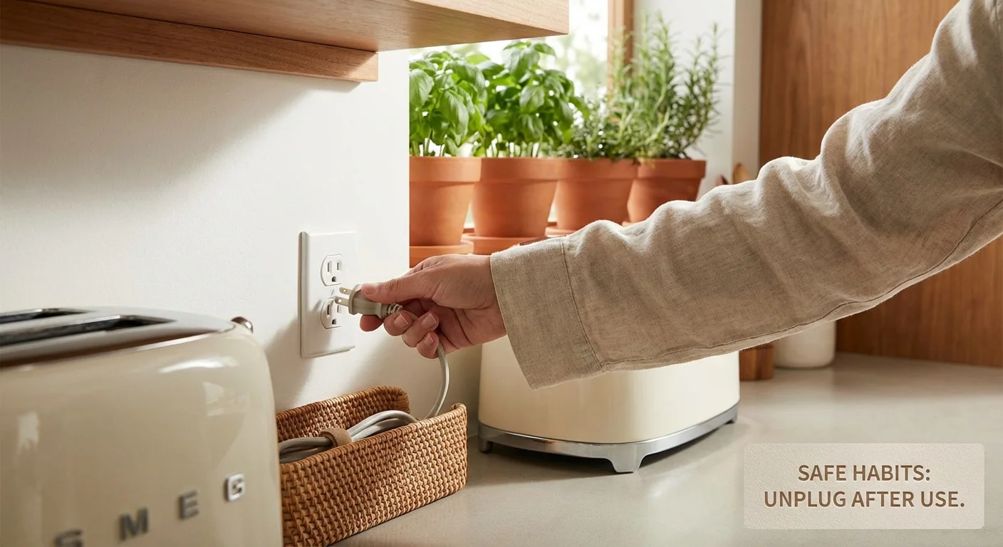 Close-up of hands unplugging a kitchen appliance to demonstrate electrical safety.