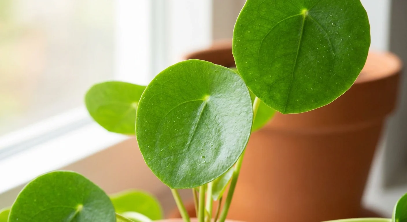 Close-up of healthy, round green leaves of a Chinese Money Plant.