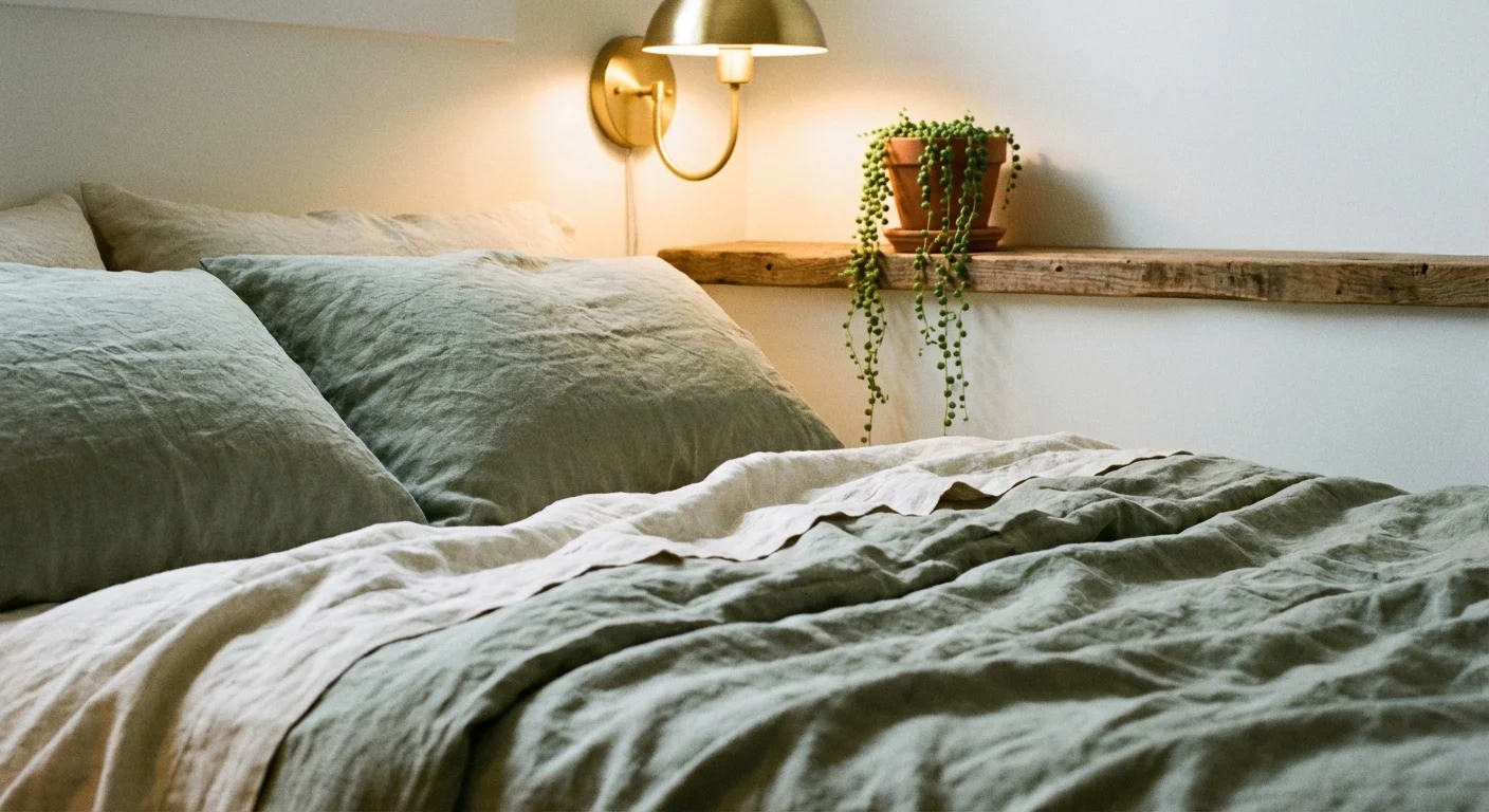 Close-up of high-quality sage green linen bedding and a warm brass reading light.