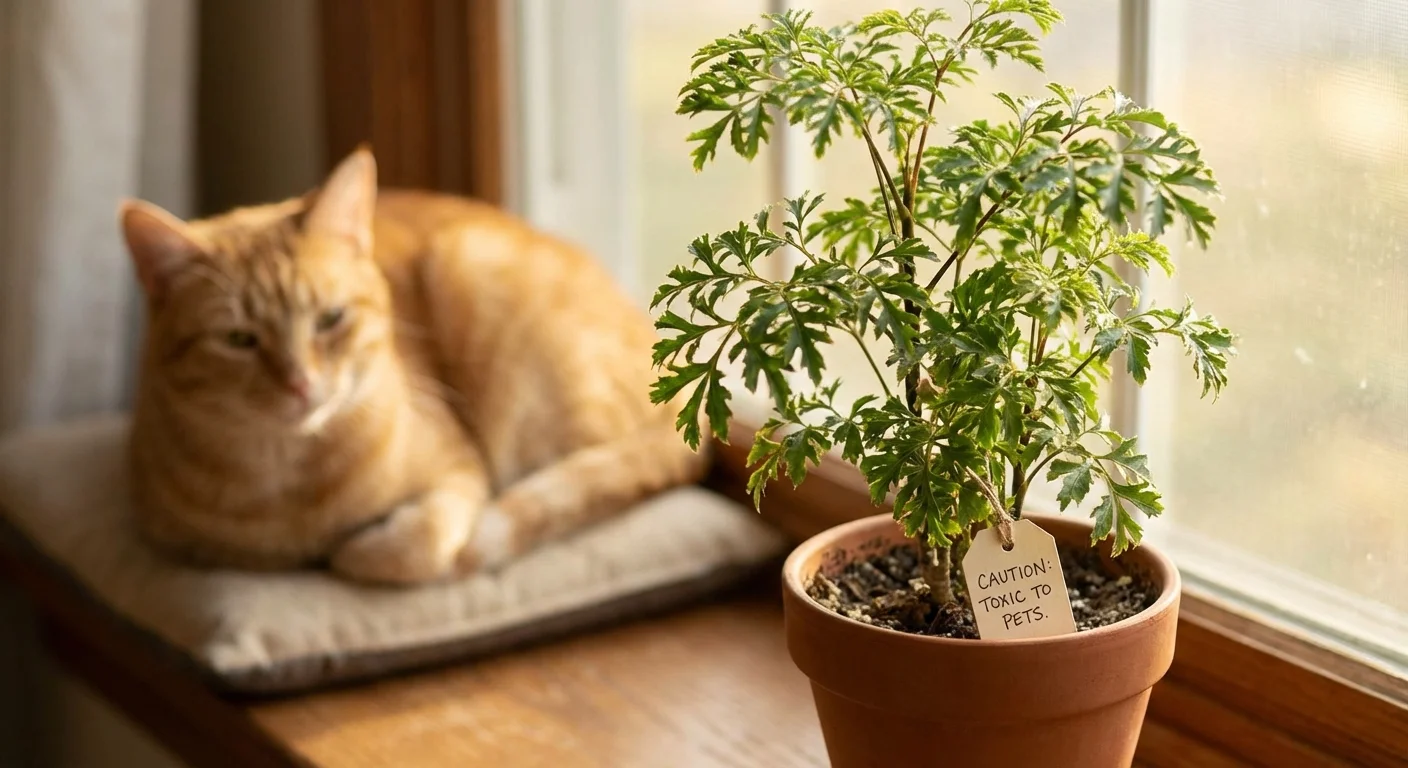 Close-up of Ming Aralia leaves with a cat blurred in the background, signaling a warning.