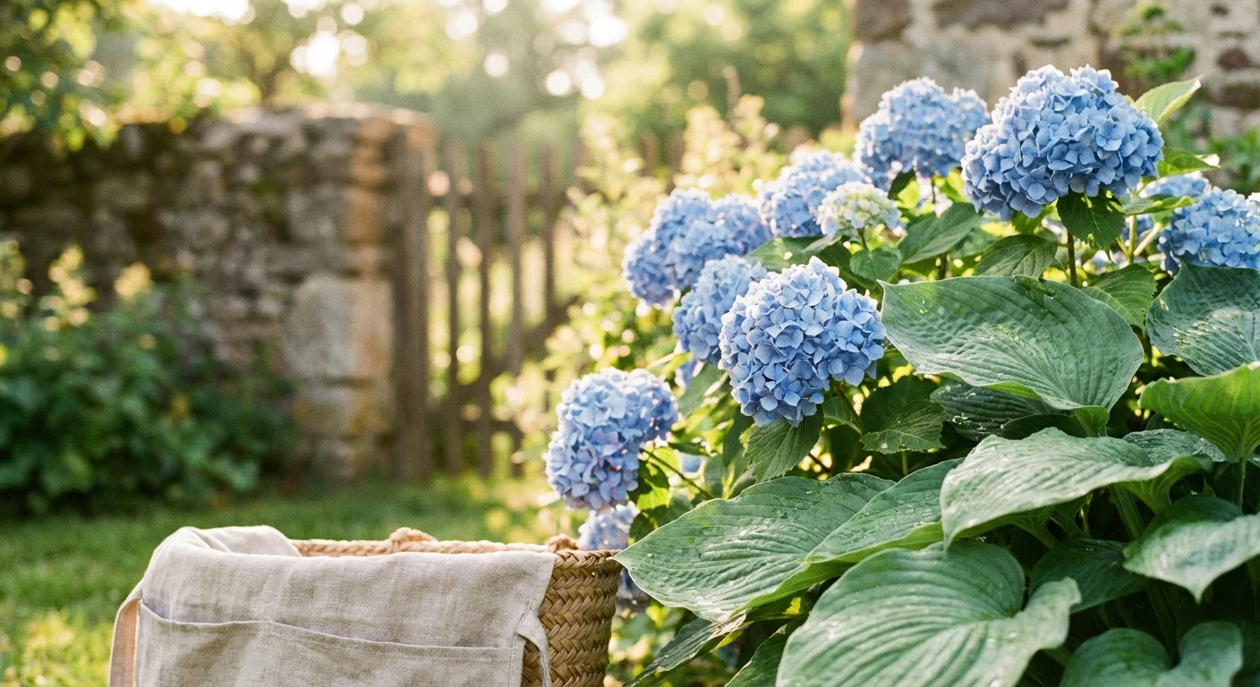 Close-up of perfectly healthy hydrangea leaves and flowers in a protected garden.