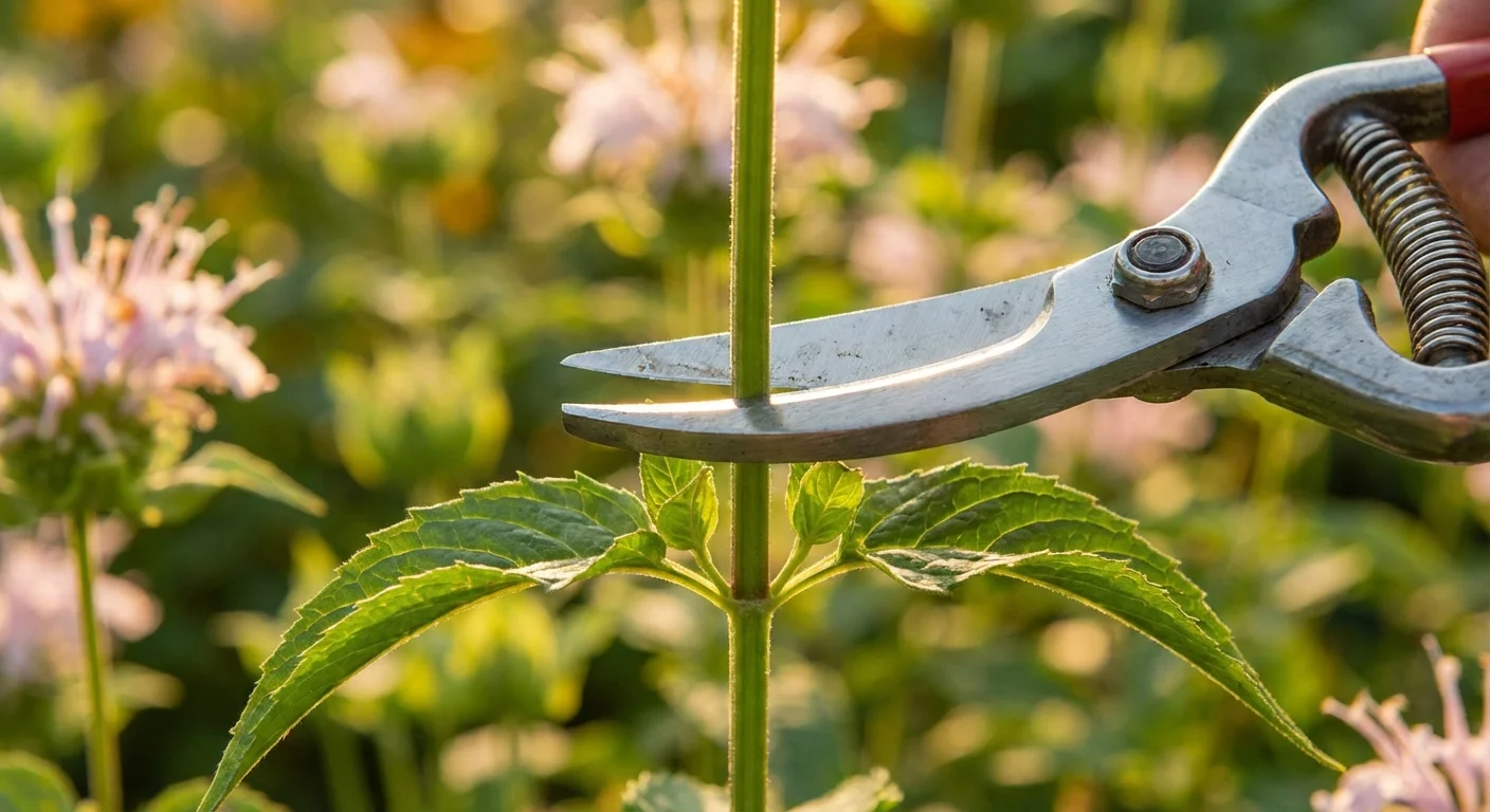 Close-up of pruning shears cutting a Bee Balm stem above a leaf node.