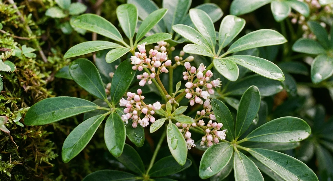 Close-up of rare pink and white Umbrella Plant flower clusters among green leaves.