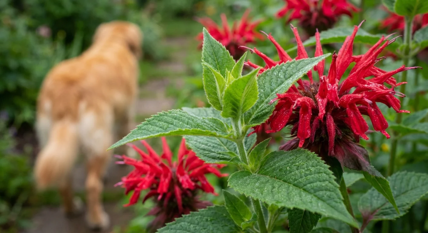 Close-up of red Bee Balm flowers with a blurred dog in the background.