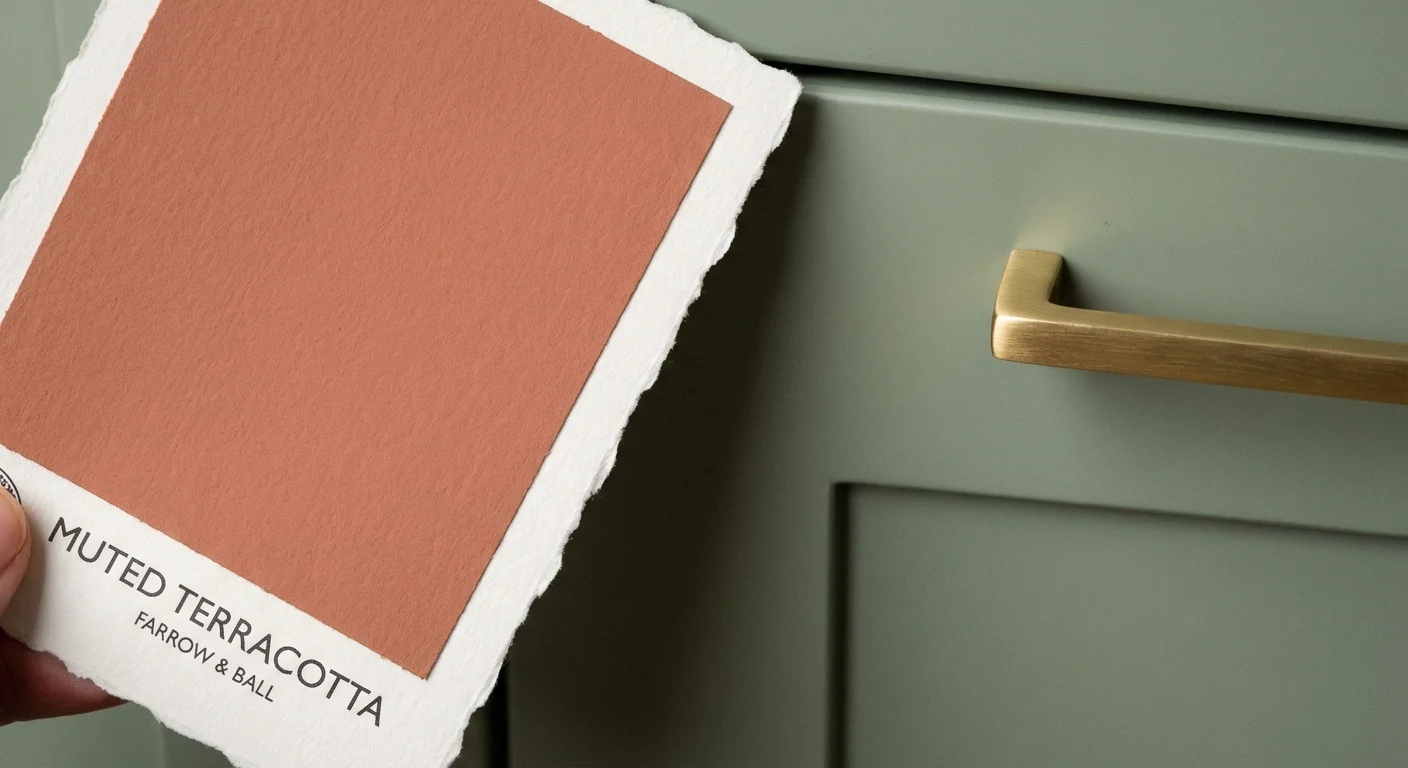 Close-up of sage green cabinet texture with gold hardware and a paint swatch.