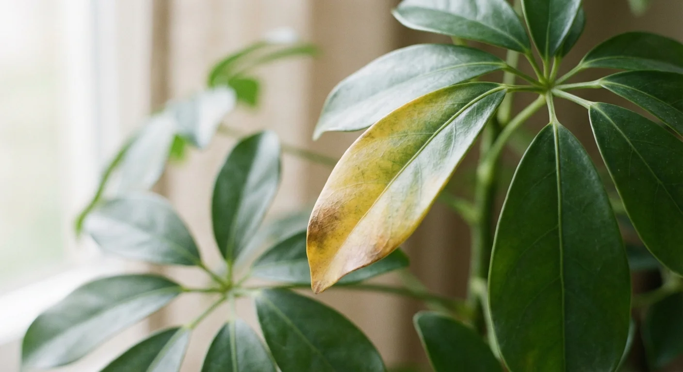 Close-up of Schefflera leaves showing slight yellowing during the dormant season.