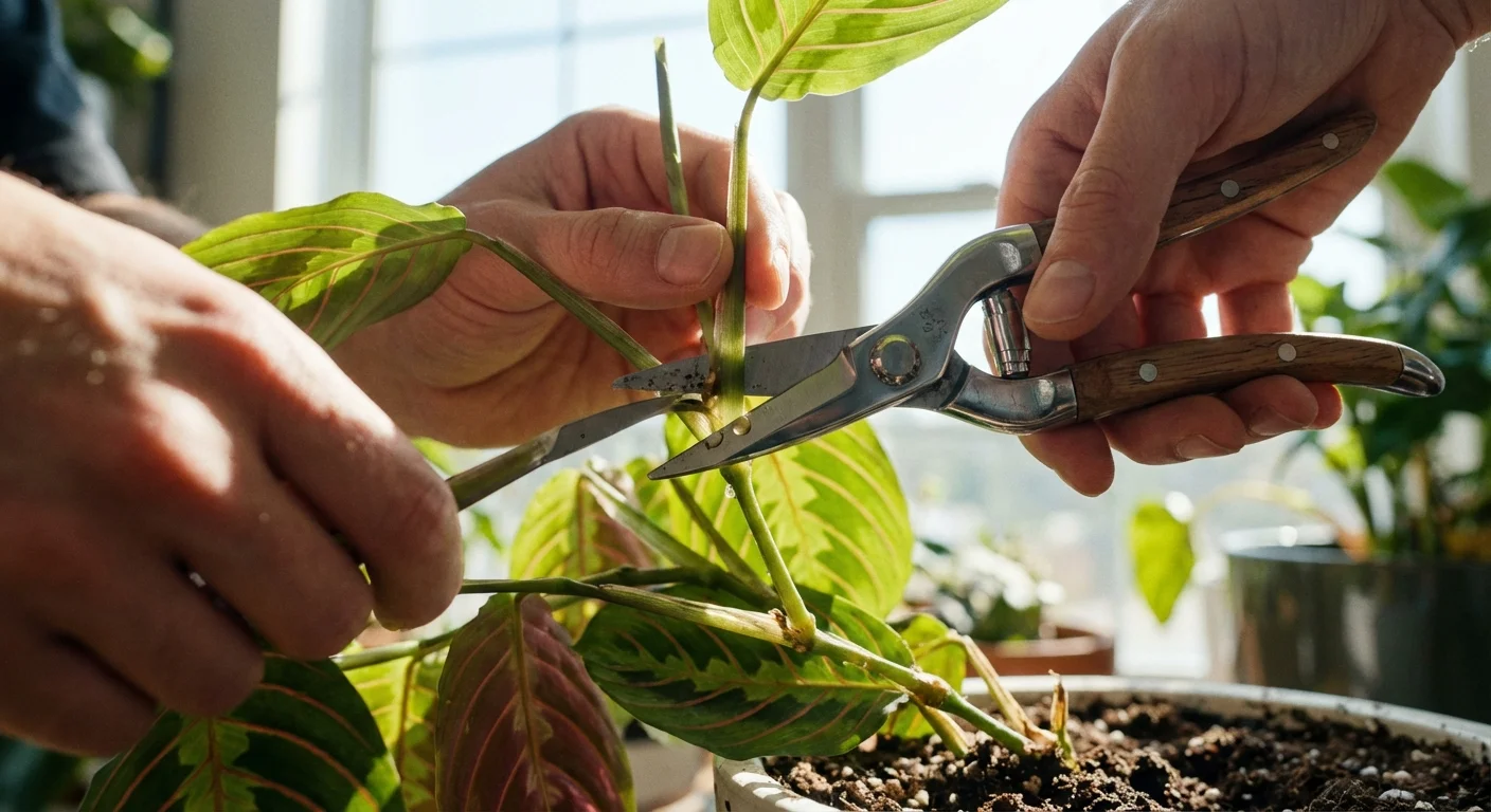 Close-up of scissors cutting a prayer plant stem at the node.