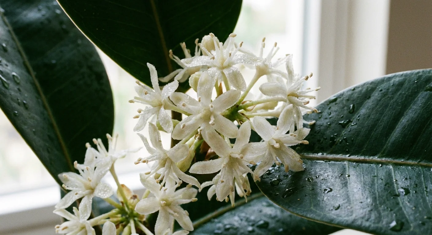Close-up of small white flowers on a rubber plant stem.
