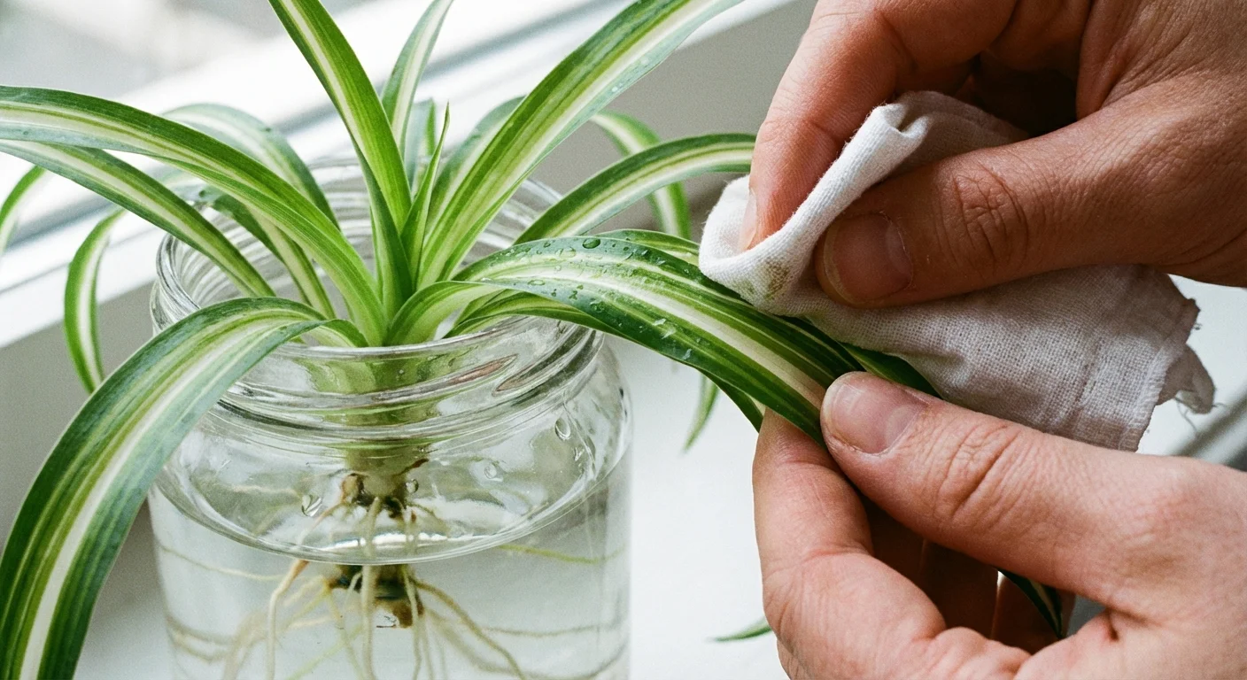 Close-up of someone tending to a spider plant cutting to ensure it stays healthy.