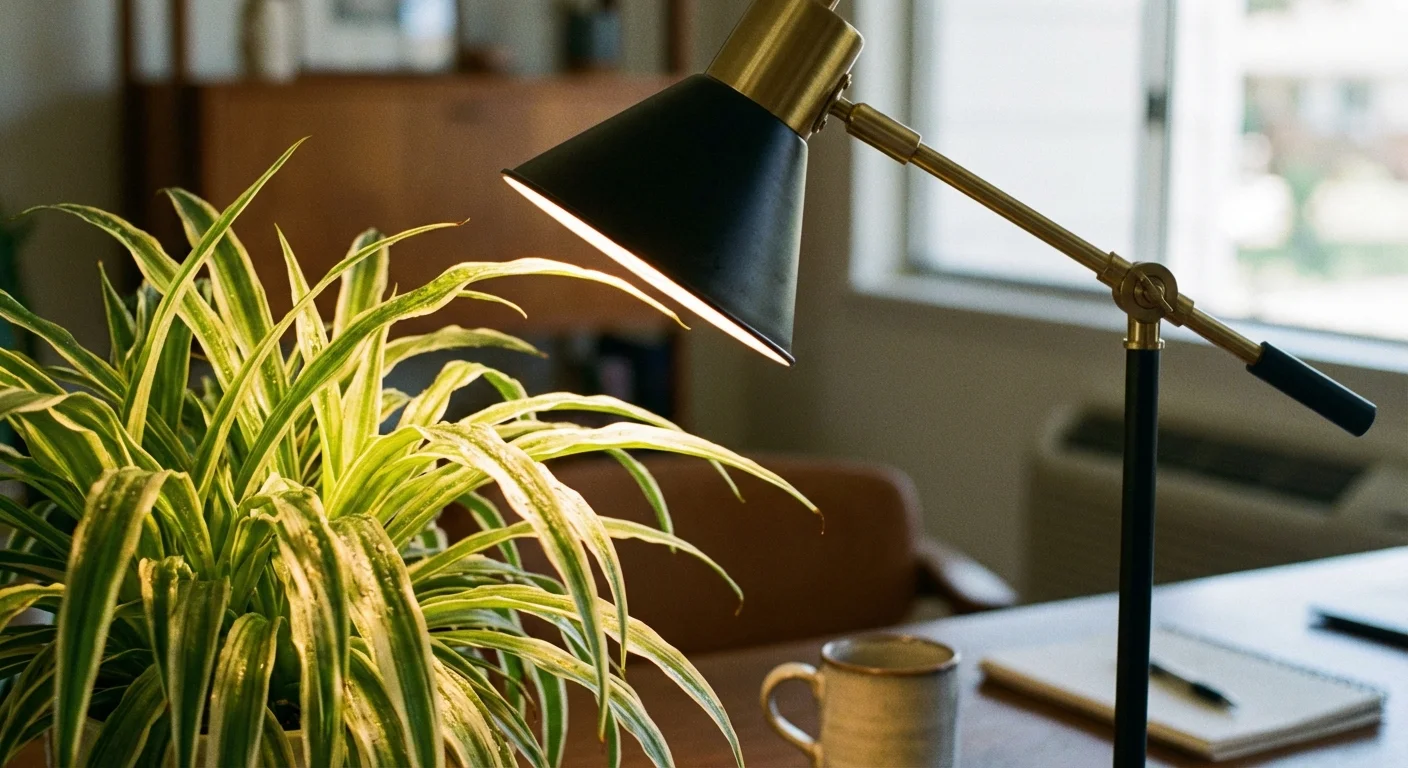 Close-up of spider plant leaves under a warm artificial desk lamp.