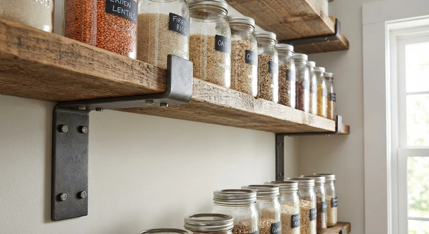 Close-up of sturdy steel shelf brackets and wooden shelves holding heavy glass jars of grains in an organized pantry.