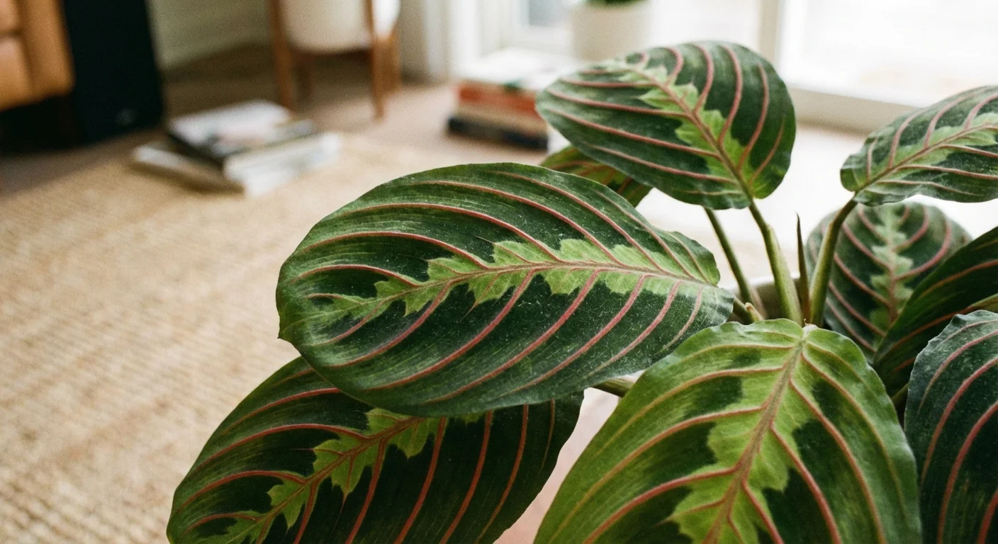 Close-up of the detailed green and purple patterns on Prayer Plant leaves under soft light.