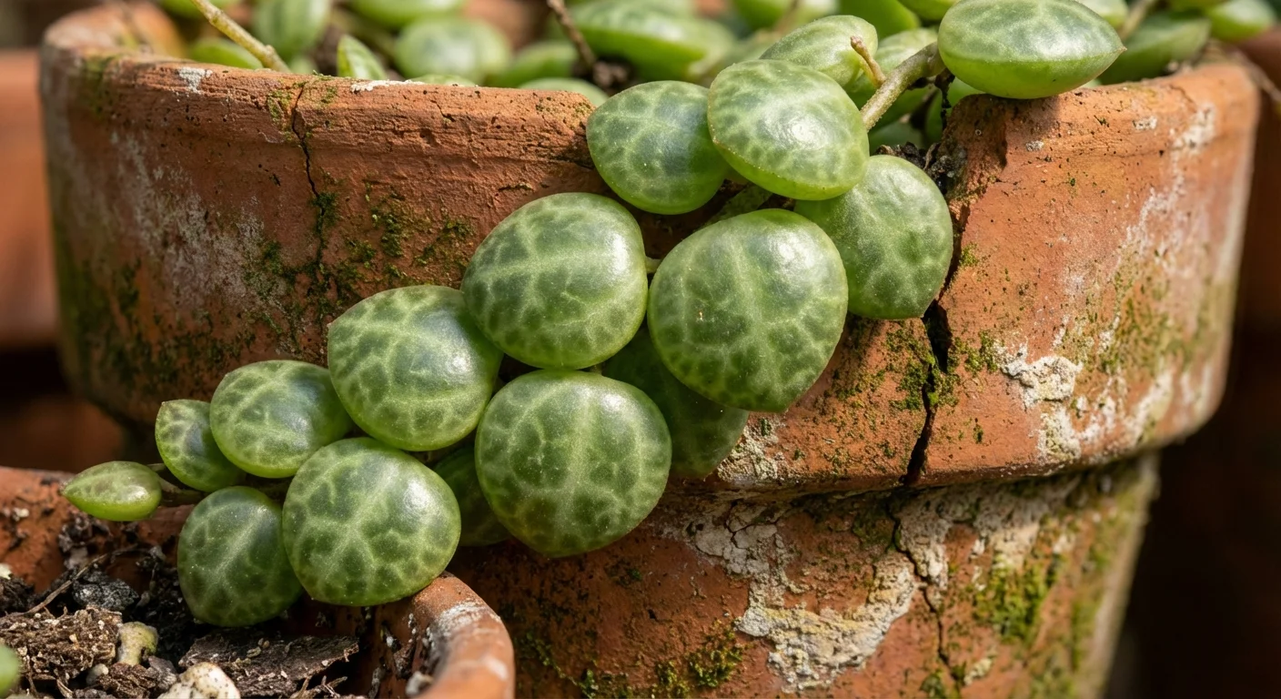 Close-up of the thick, fleshy leaves of a String of Turtles plant against a terracotta pot.