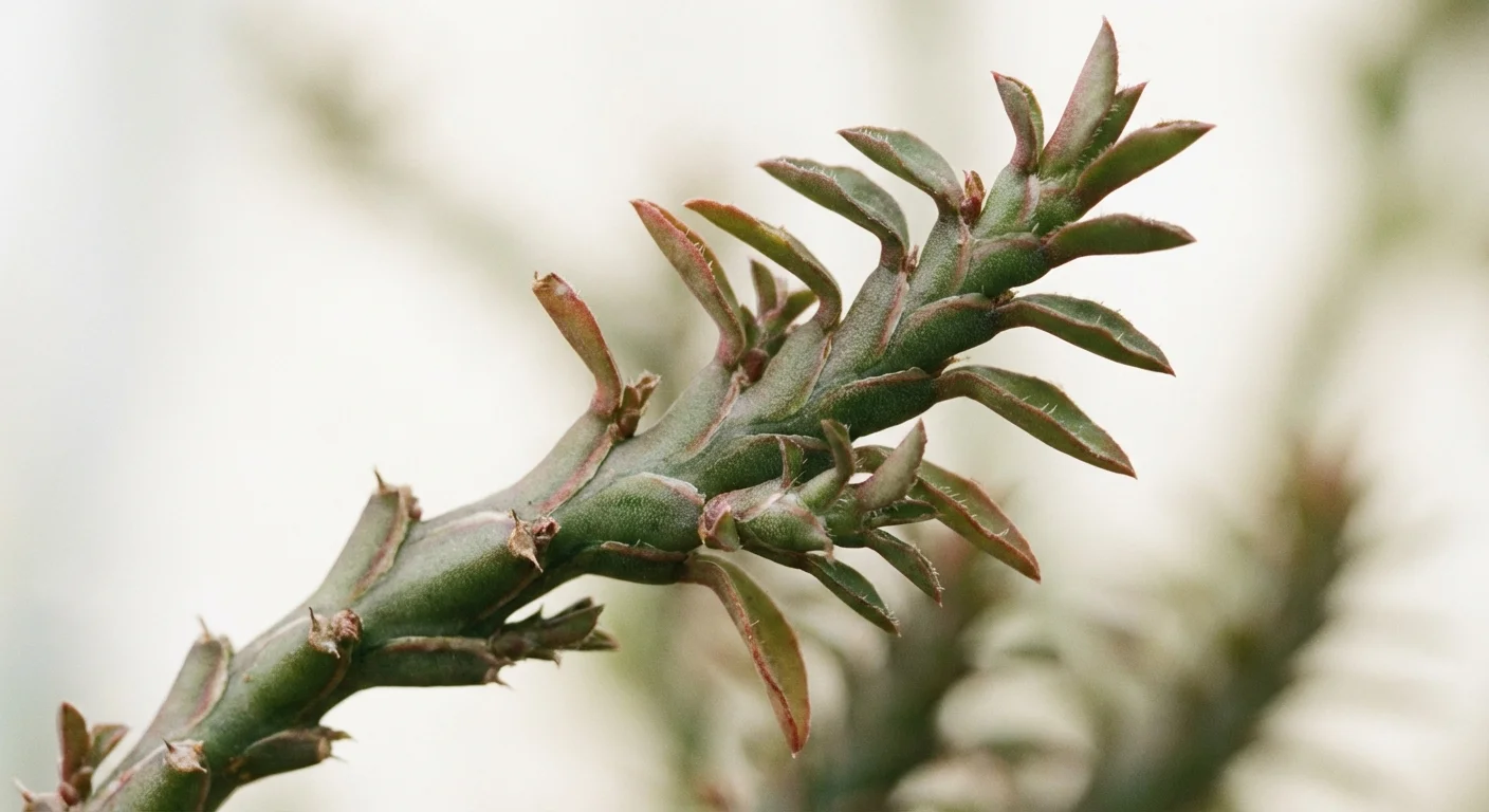 Close-up of the unique zigzag stem of a Euphorbia tithymaloides plant.