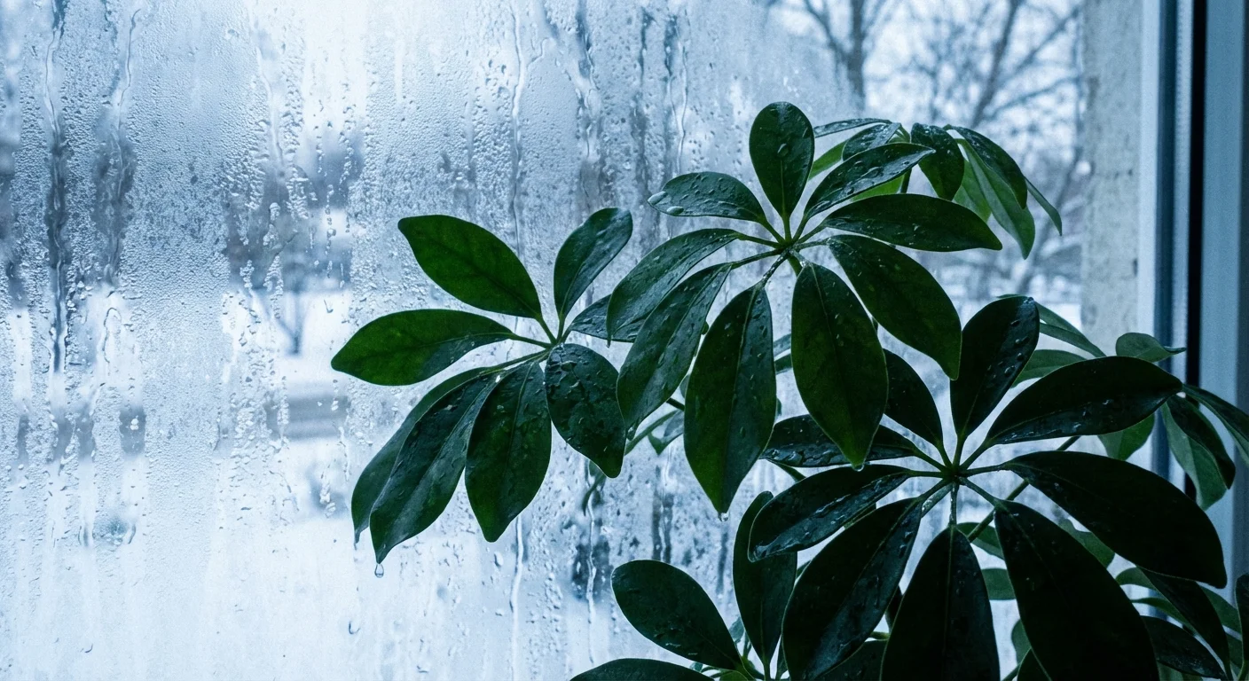 Close-up of Umbrella Plant leaves against a cold, foggy windowpane.