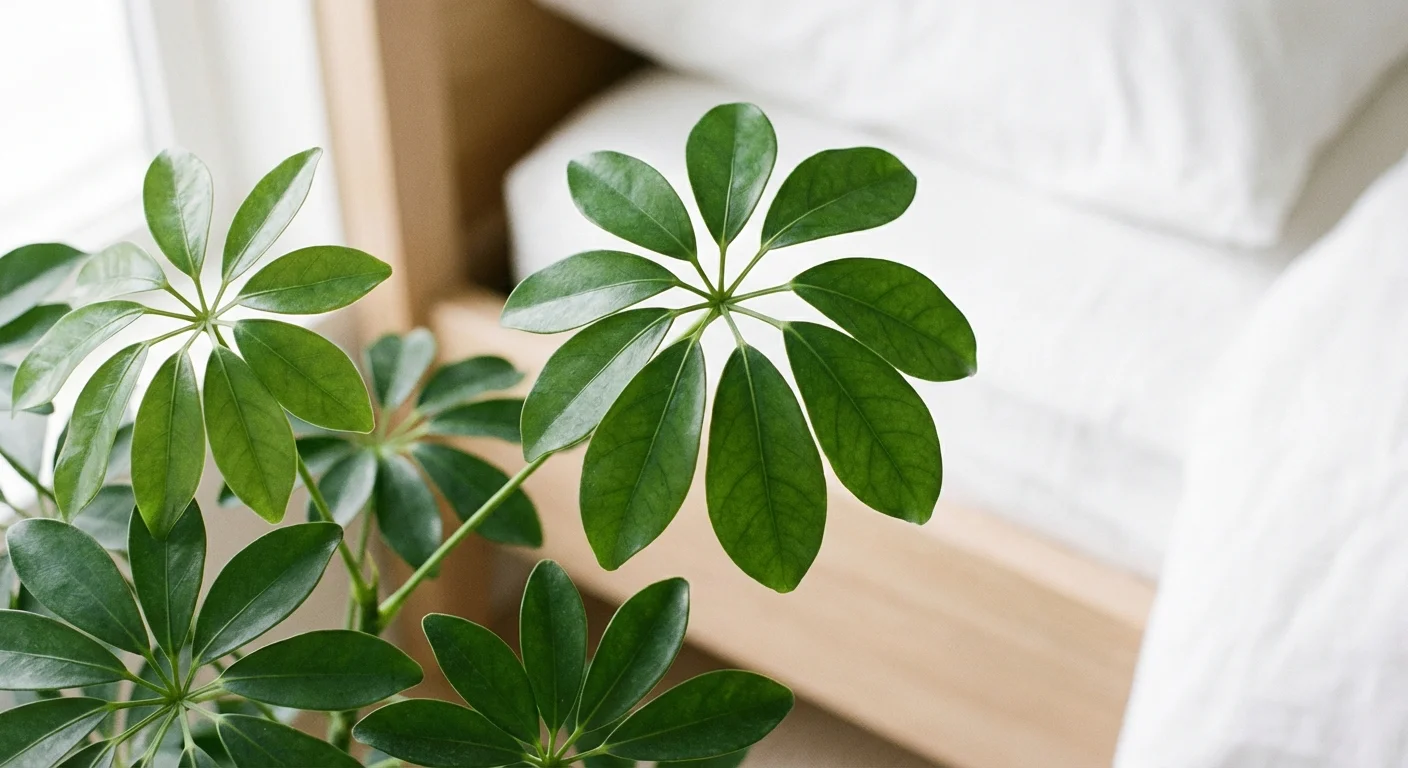 Close-up of vibrant green Umbrella Plant leaves showing their unique radial pattern.