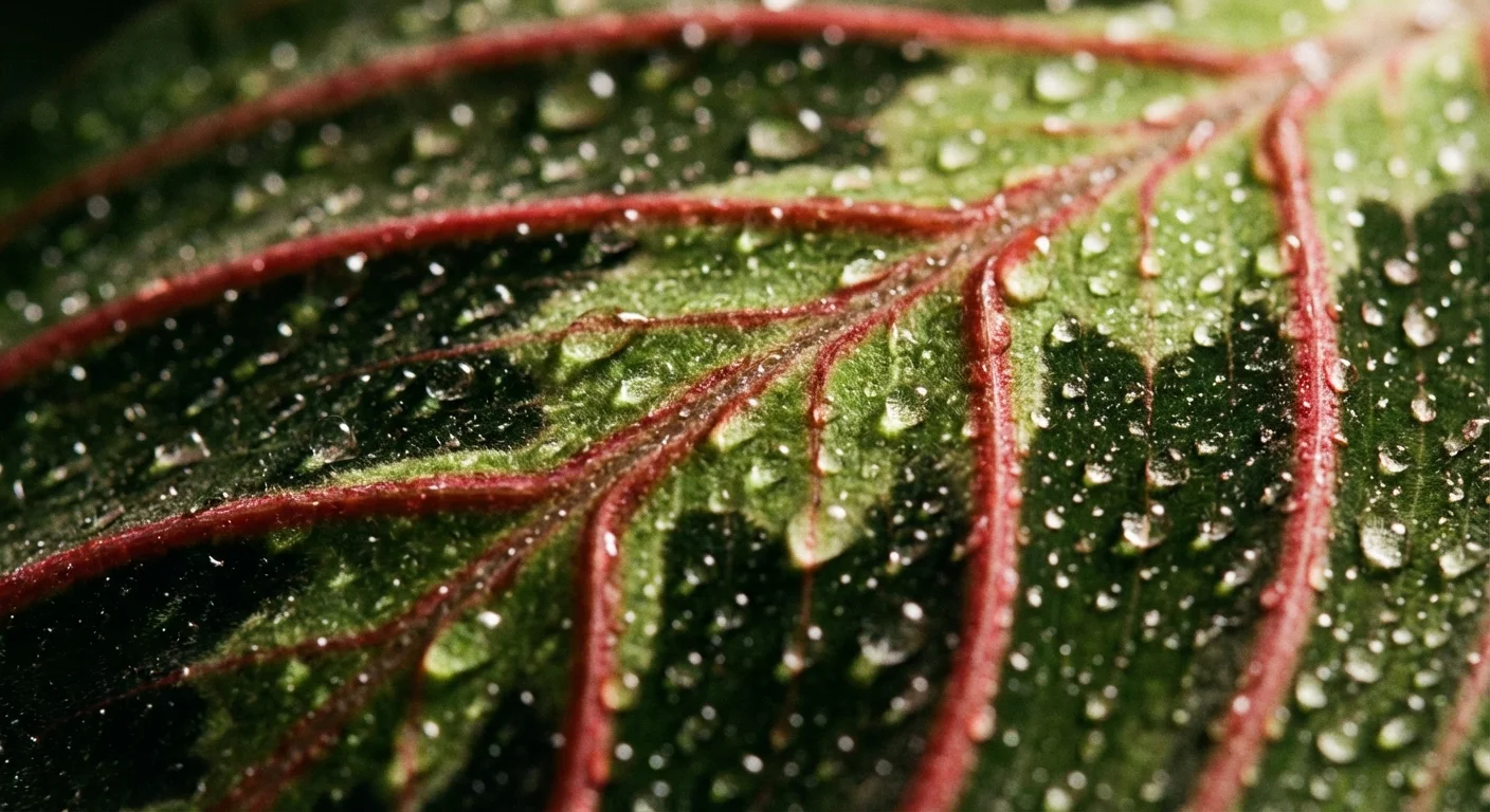 Close-up of water droplets on a Prayer Plant leaf, showing texture and detail.