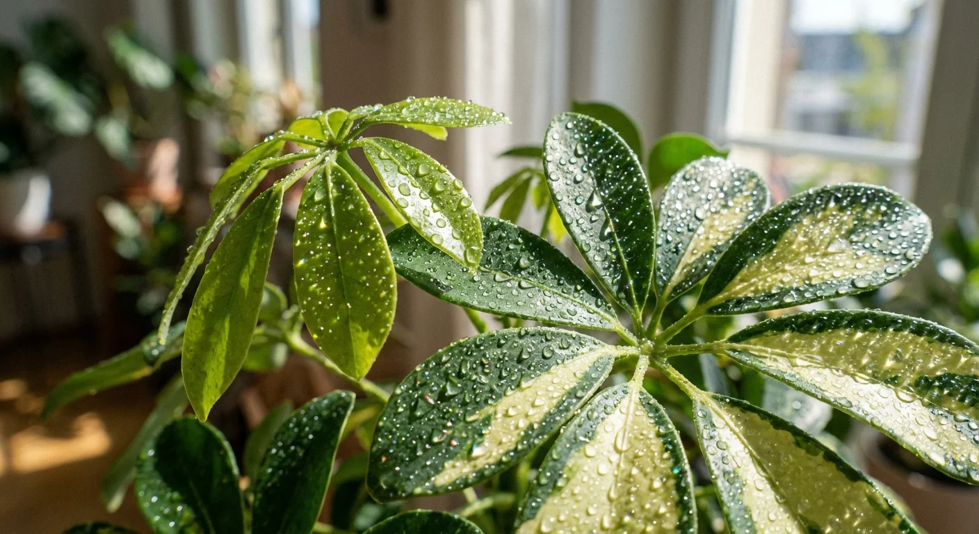 Close-up of water droplets on the vibrant green leaves of an Umbrella Plant.