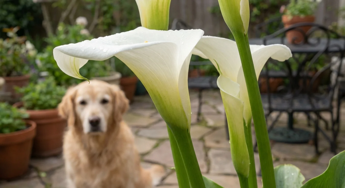 Close-up of white Calla Lilies with a dog blurred in the background on a patio.