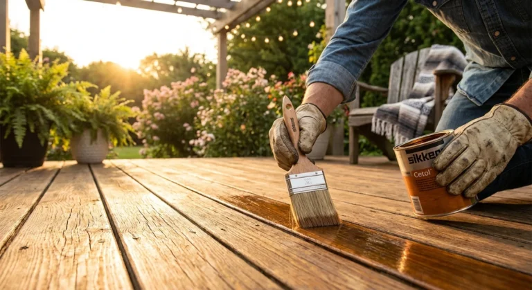 Close-up of wooden deck staining process showing the vibrant contrast between weathered and freshly oiled wood in a sunny garden.