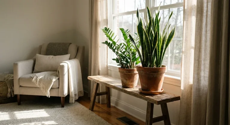 Colț de cameră luminat cu plante de apartament rezistente în ghivece de teracotă.