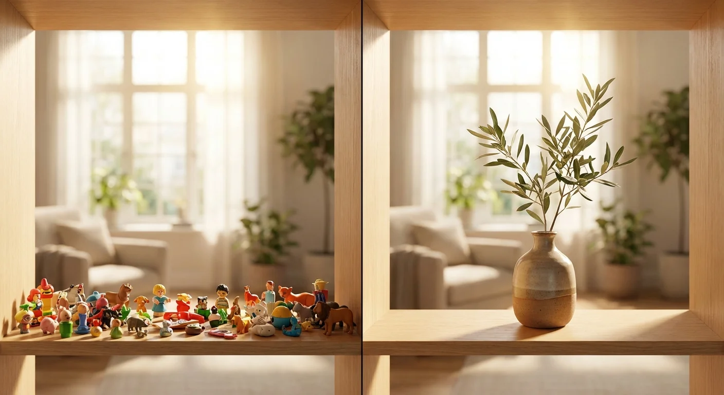 Comparison between a cluttered shelf of small items and a single elegant vase in a living room.