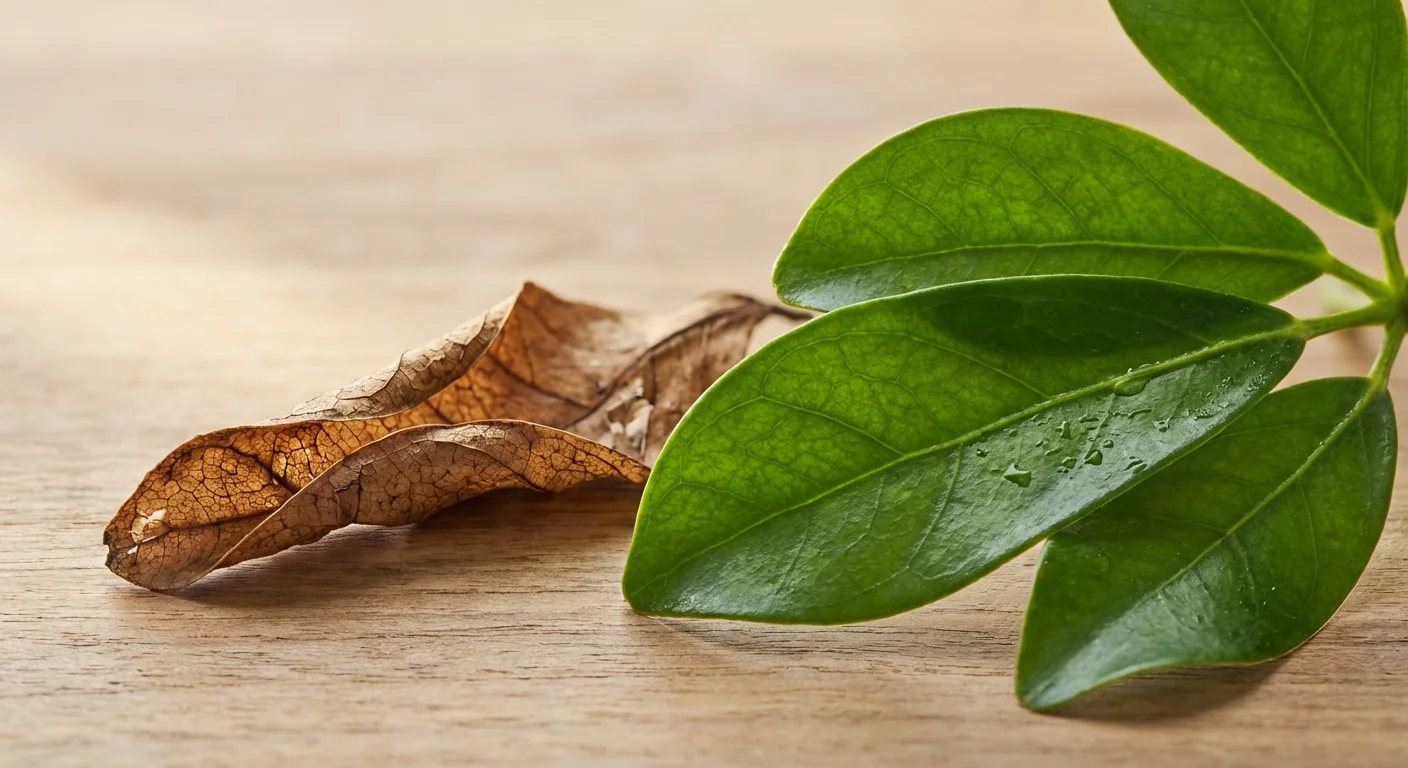 Comparison between a healthy green leaf and a dead brown leaf on a wooden table.
