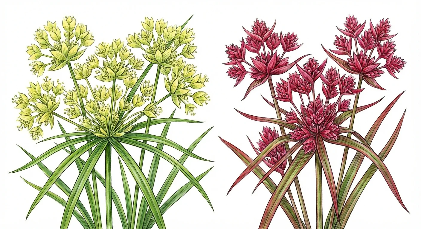 Comparison of yellow-green and pinkish-red flower clusters from different Umbrella Plant varieties.