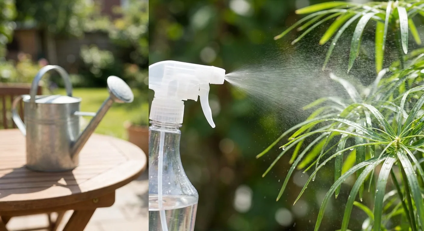 Demonstrating the difference between misting leaves and watering the soil.