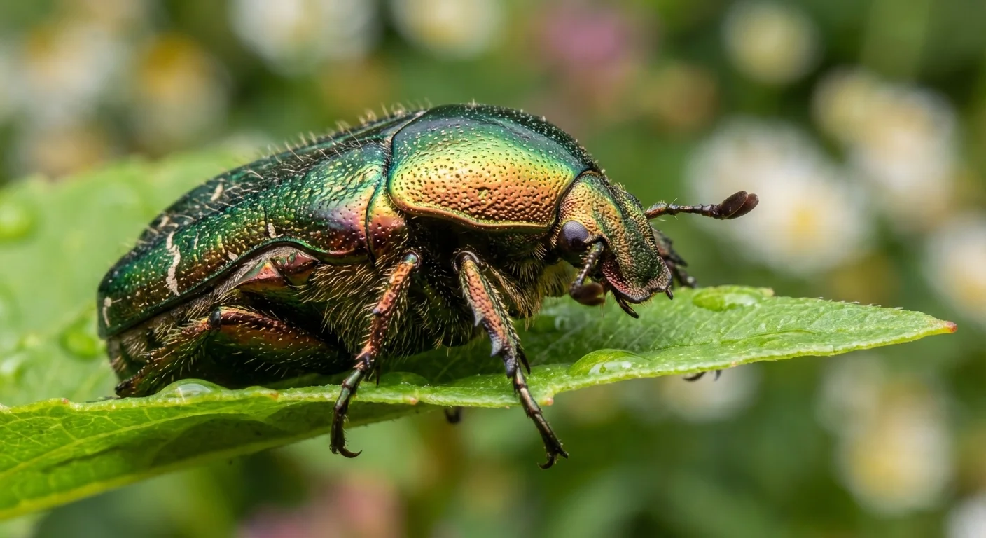 Detailed macro shot of an iridescent green fig beetle on a leaf.
