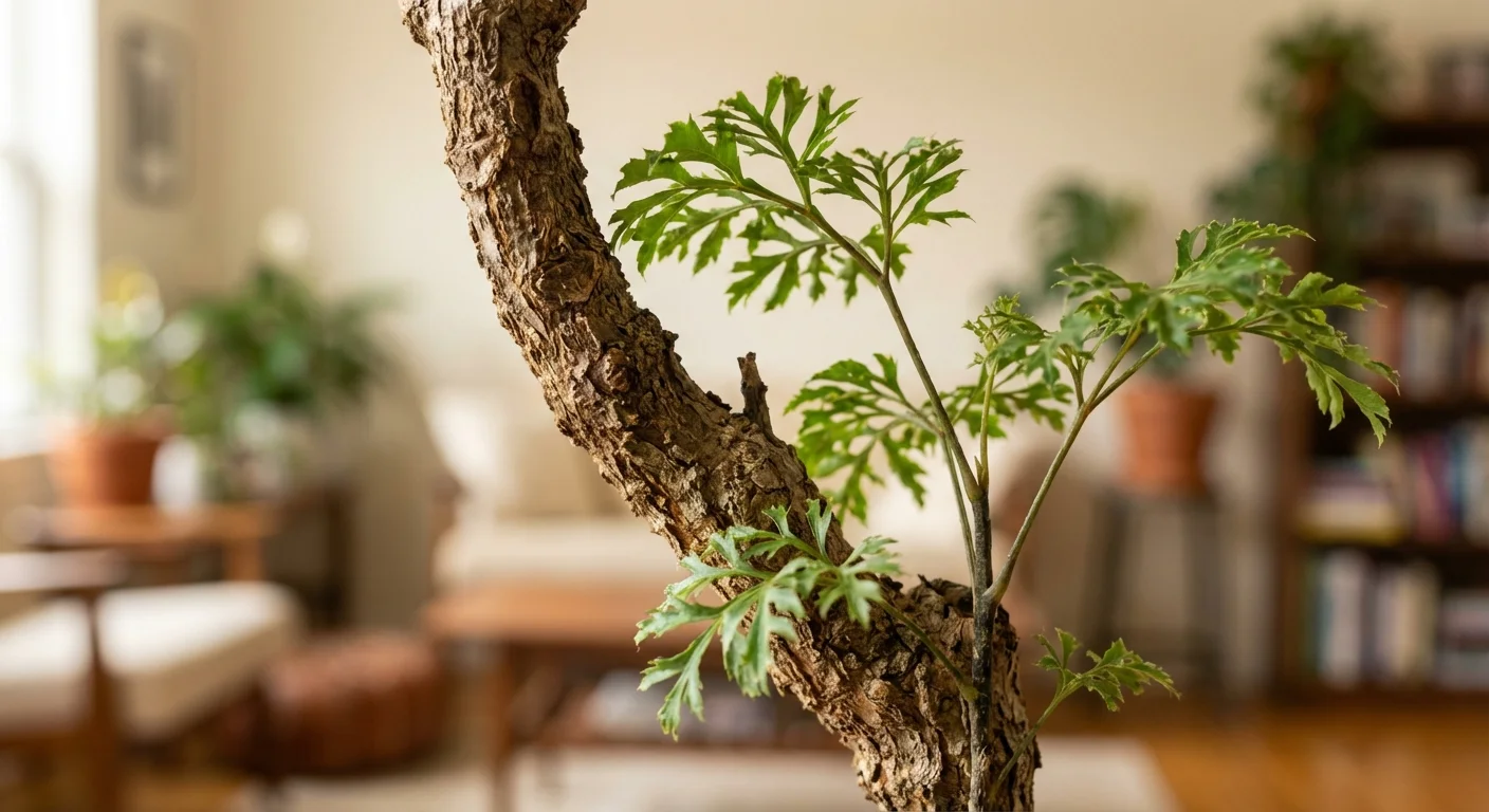Detailed macro shot of the stem and leaves of a Ming Aralia plant.