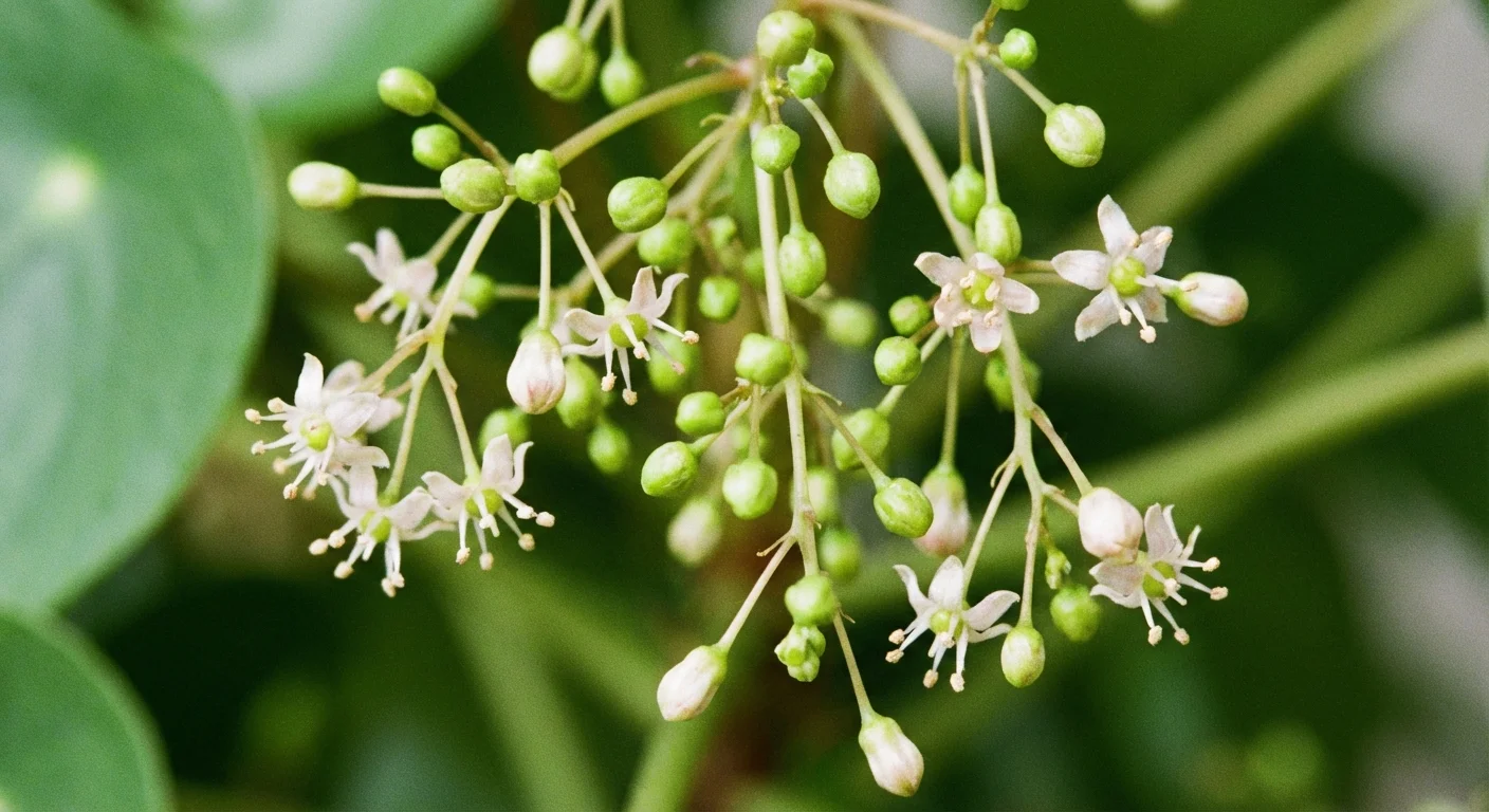 Detailed macro view of the star-shaped whitish-pink flowers of a Chinese Money Plant.