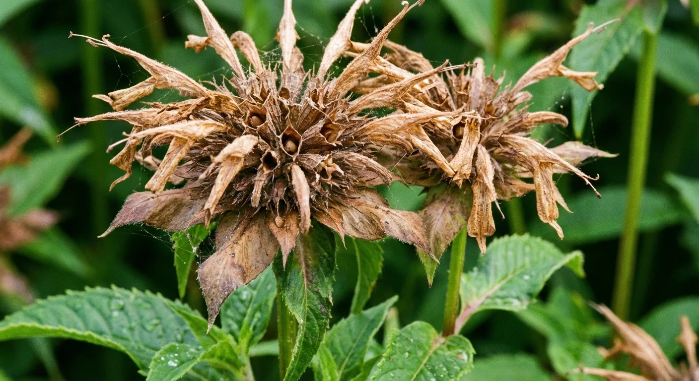 Detailed view of a dried, brown Bee Balm flower head ready for pruning.