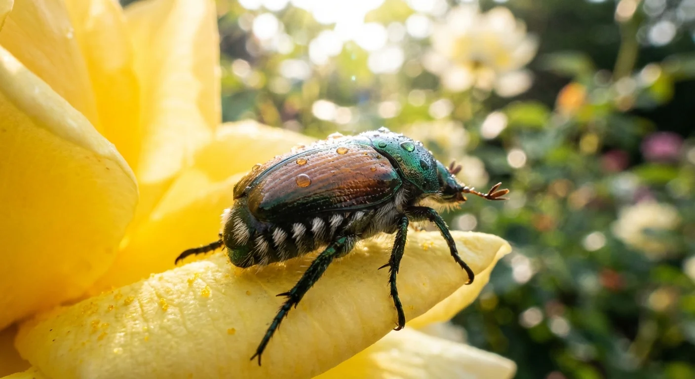 Detailed view of a Japanese beetle showing identifying white hair tufts on a flower.