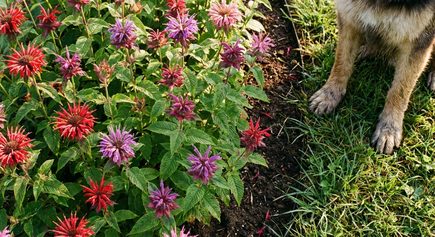 Detailed view of Bee Balm leaves in a garden bed near a dog's paws.