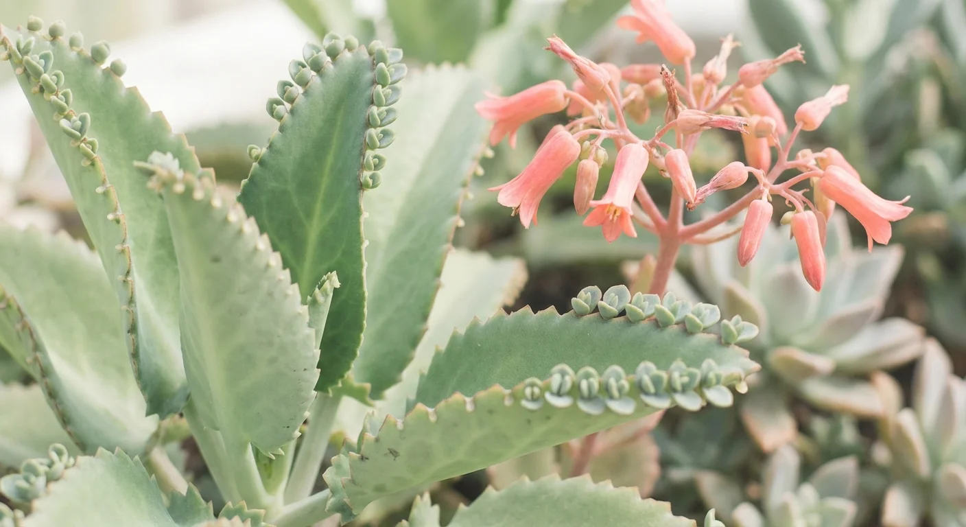 Detailed view of Kalanchoe leaves with tiny plantlets and a flower stalk beginning to emerge.