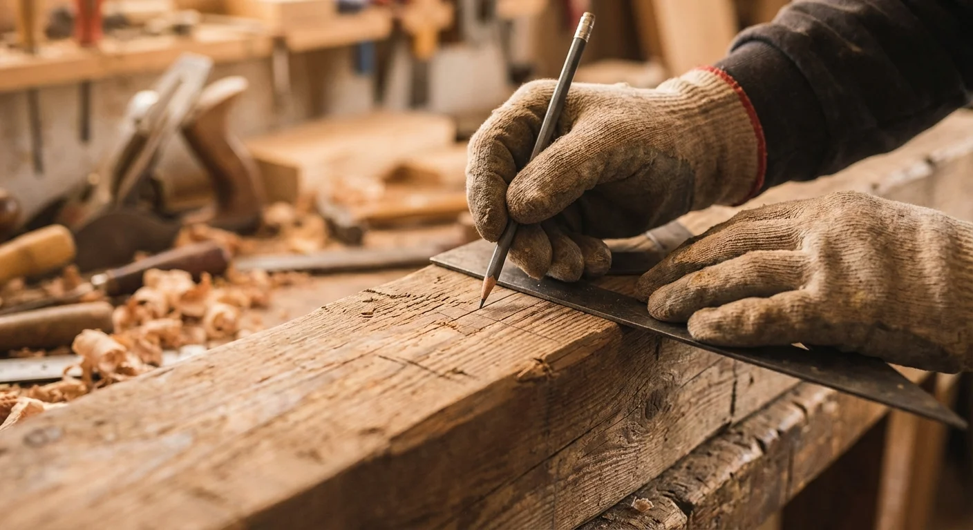 Detaliu cu mâini care marchează punctele de găurire pe grinzi de lemn vechi folosind un echer.