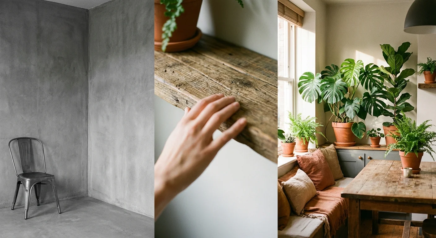 Detaliu dintr-o bucătărie reamenajată cu rafturi din lemn și plante verzi decorative.