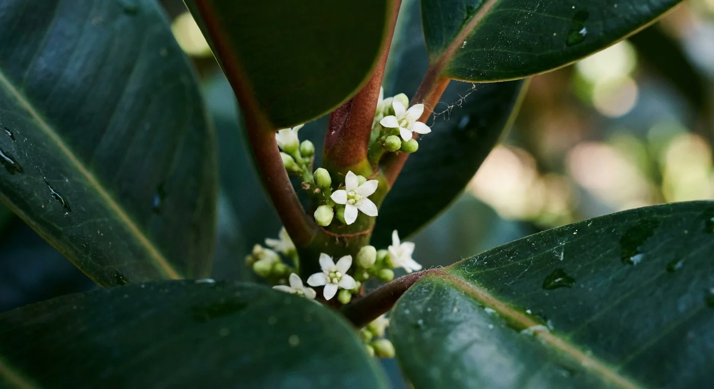 Detaliu macro cu florile albe delicate și mugurii unei plante de cauciuc.