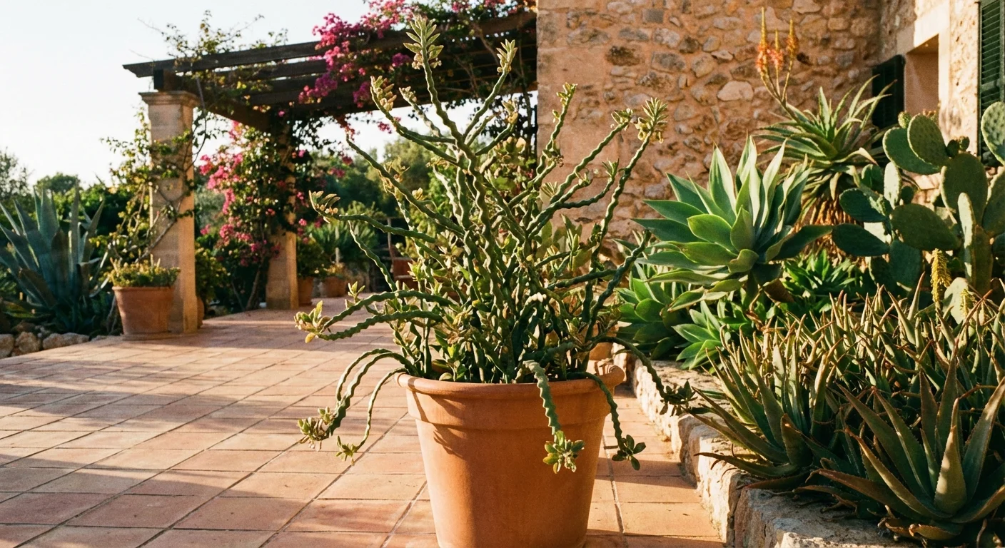 Devil's Backbone plant growing in a sunny outdoor patio garden.