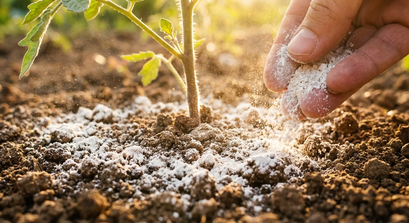 Diatomaceous earth powder being applied to the soil around a plant base.