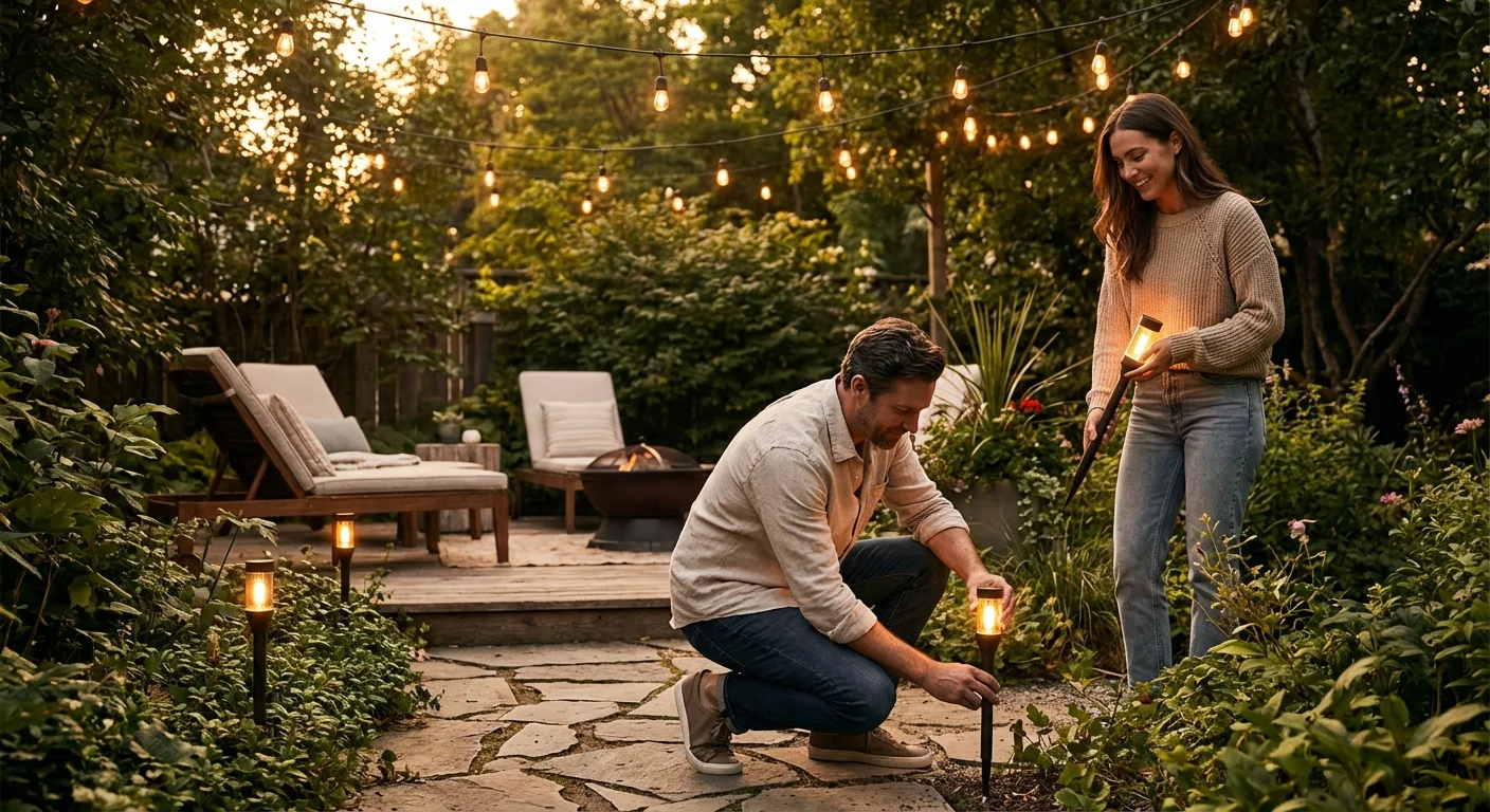 DIY garden lighting installation in a lush backyard at twilight with warm LED path lights.
