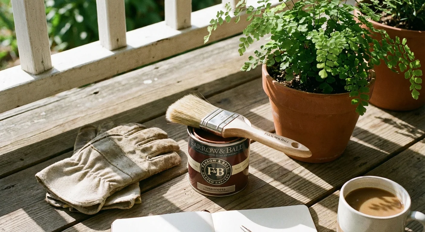DIY home improvement tools and a plant arranged neatly on a wooden porch.
