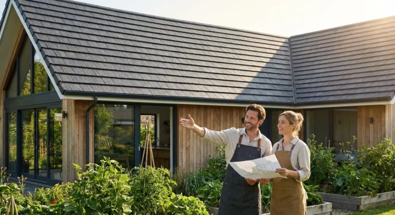 DIY hosts admiring a modern home with sleek slate-grey roofing in a garden.